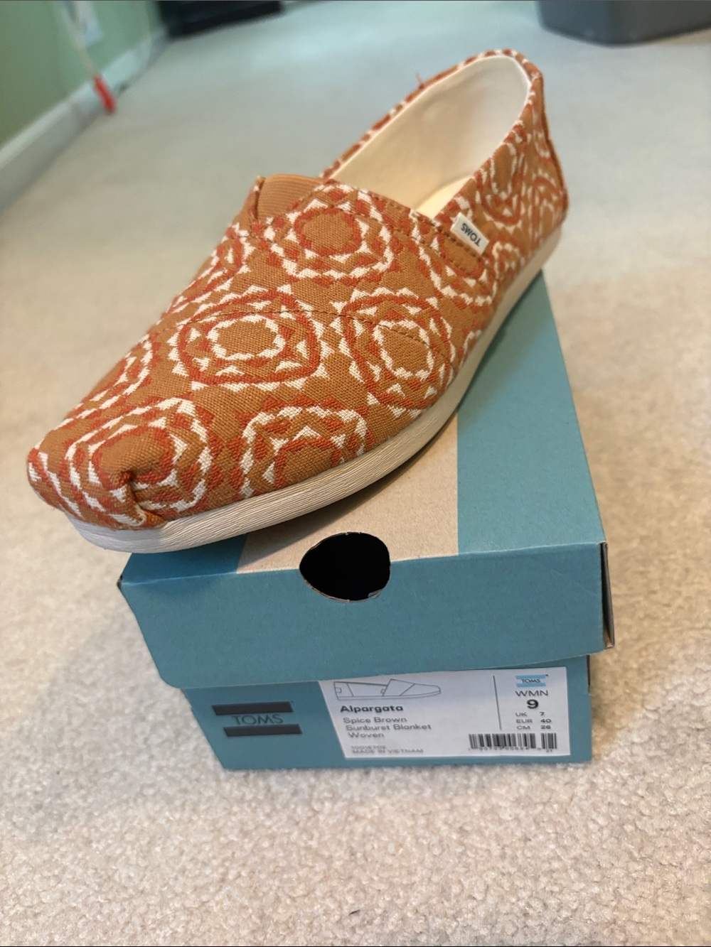 TOMS Women’s Slip-On Espadrille in Orange and White Geometric